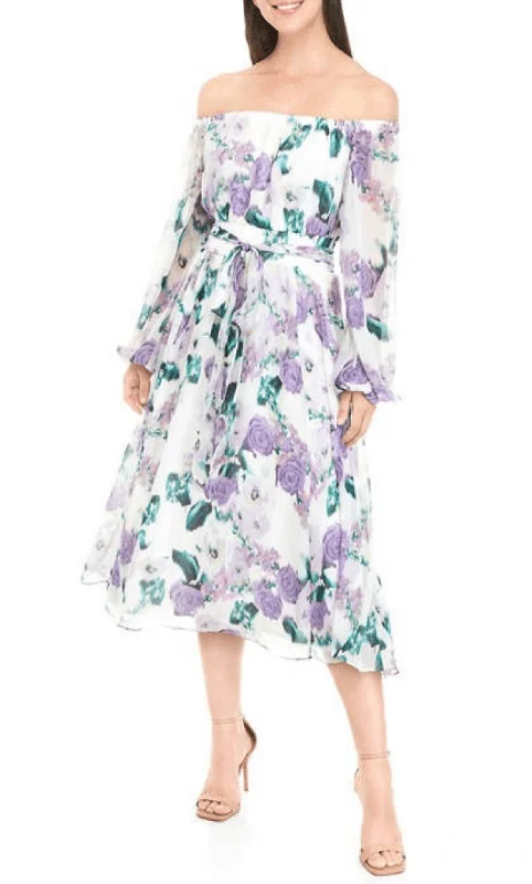 Mini cocktail dresses with a cold - shoulder ruffled sleeveMaison Tara 91578M - Off Shoulder Floral A-line Dress