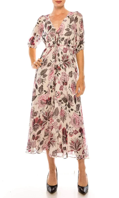 Satin - lined cocktail dresses with a lace outer layerMaison Tara 91667M - Printed Long V Neck Dress
