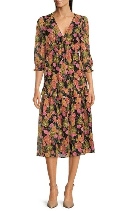 Mini cocktail dresses with a cold - shoulder ruffled sleeveMaison Tara 91791M - Floral Printed Quarter Sleeve Dress