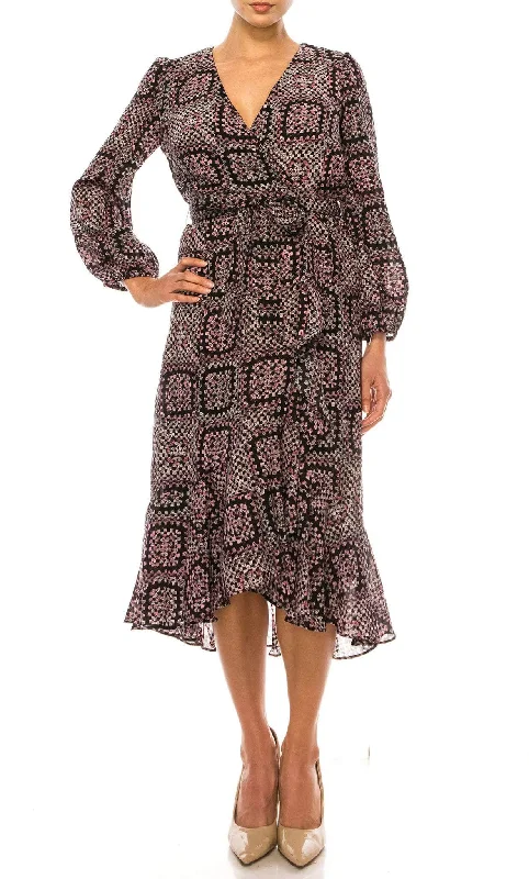 Cocktail dresses with a wrap - front style and a long - length optionMaison Tara 95611M - Faux Wrap Long Sleeve Dress