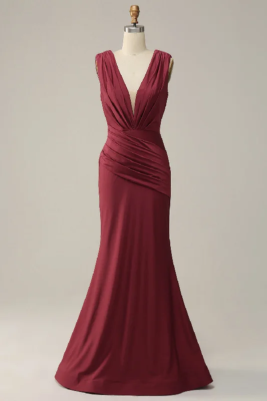 Cocktail dresses with a mesh panel and a high - neck designMermaid Deep V Neck Burgundy Sleeveless Long Prom Dress