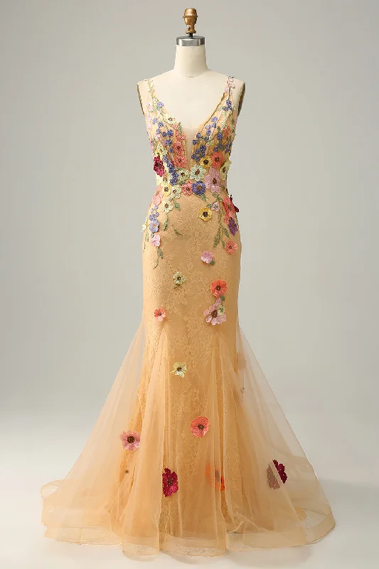 Cocktail dresses with a patchwork pattern and a mid - thigh lengthMermaid Deep V Neck Champagne Long Prom Dress with Appliques