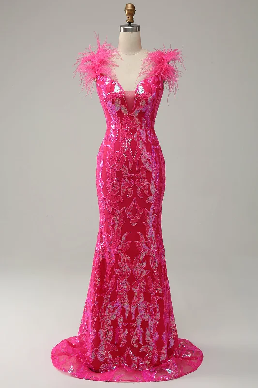 Little black cocktail dresses with lace detailingMermaid Deep V Neck Fuchsia Sequins Long Prom Dress with Feathers