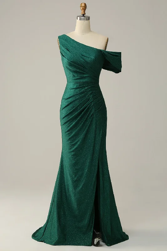 Bow - backed cocktail dresses with a fit - and - flare silhouetteMermaid One Shoulder Dark Green Long Prom Dress