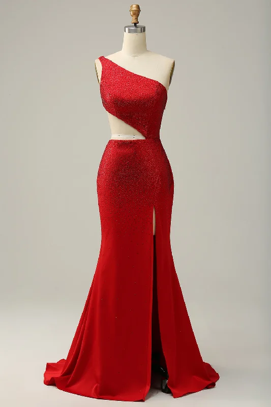 Metallic cocktail dresses with a halter neck for a glamorous occasionMermaid One Shoulder Red Cut Out Prom Dress with Beading