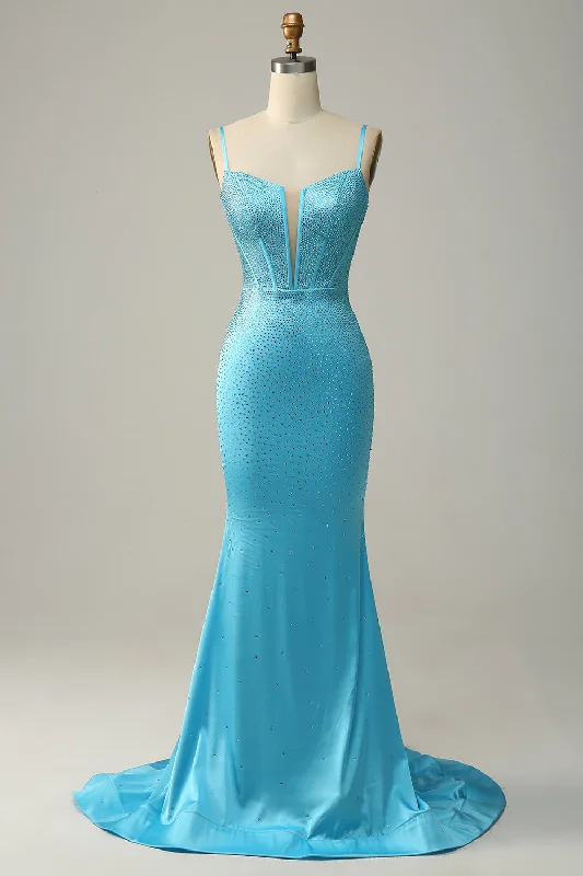 Mini cocktail dresses with a cold - shoulder ruffled sleeveMermaid Spaghetti Straps Blue Beaded Prom Dress