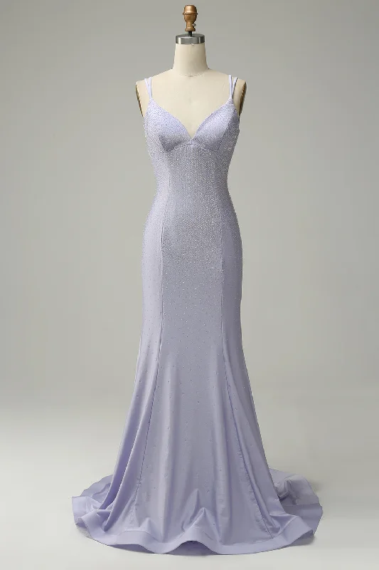 Mini cocktail dresses with a denim fabric for a casual - chic lookMermaid Spaghetti Straps Lilac Long Prom Dress with Backless