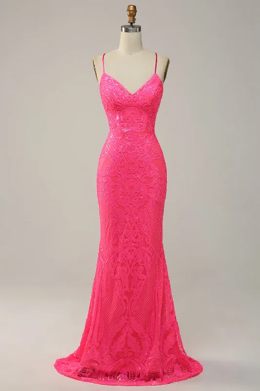 Cocktail dresses with a pom - pom trim and a short - sleeved styleMermaid Spaghetti Straps Sequined Hot Pink Long Prom Dress