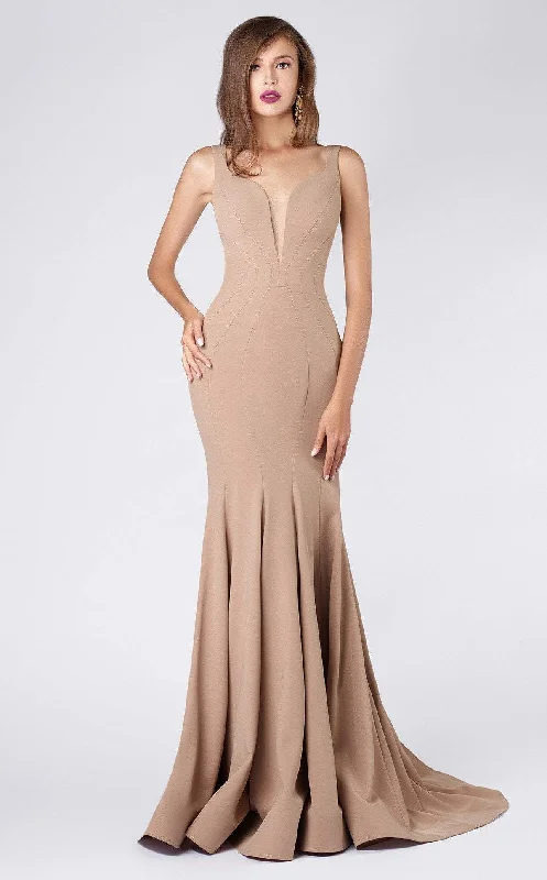 Prom dresses with one - shoulder designs and feather accents for a bold statementMNM Couture - M0008 Illusion V Neck Crepe Trumpet Evening Gown