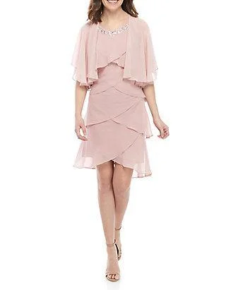 Wrap - style wedding guest dresses with bow accentsSL Fashions 170127 Mother of the Bride Short Dress