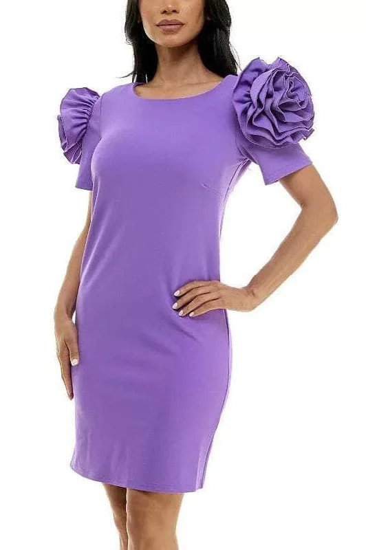 Mini cocktail dresses with a ruffled hem and a solid colorNina Leonard L9811AF - Floral Accent Short Sleeve Cocktail Dress