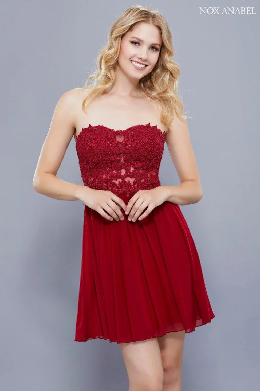 Lace - and - tulle wedding guest dresses with sweetheart necklinesShort Strapless Formal Prom Cocktail Dress