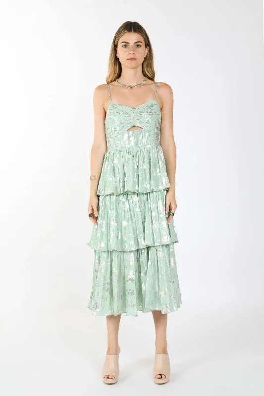 Mini cocktail dresses with a ruffled hem and a solid colorMetallic Spaghetti Strap Printed Tiered Midi Dress