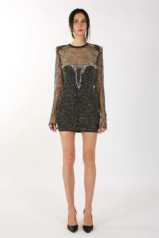 Cocktail dresses with a gathered skirt and a button - down frontLong Sleeve Diamond Cut Rhinestone Dress