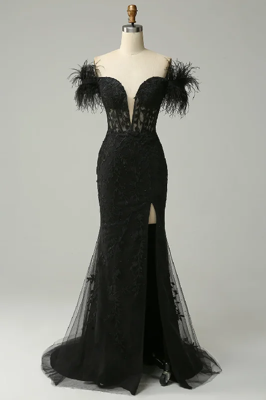 Cocktail dresses with a metallic - embroidered pattern and a midi - hemOff the Shoulder Black Mermaid Prom Dress with Feathers