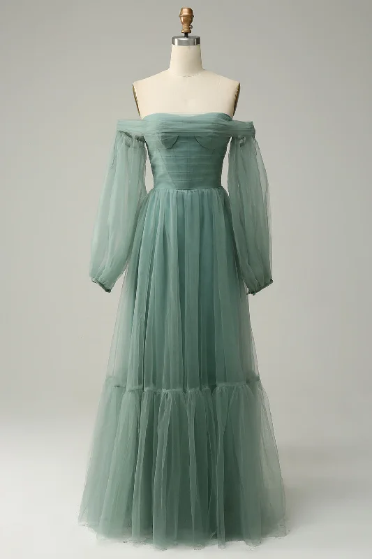 Cocktail dresses with a tiered skirt and a bow at the waistOff The Shoulder Grey Green A-Line Tull Prom Dress With Long Sleeves