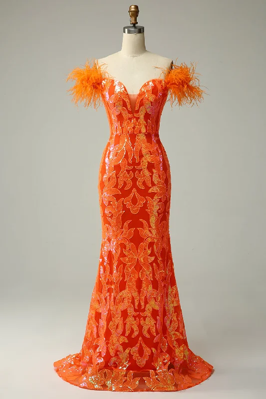 Mini cocktail dresses with a beaded bodice and a flirty A - line skirtOrange Sequins Off the Shoulder Mermaid Prom Dress with Feathers