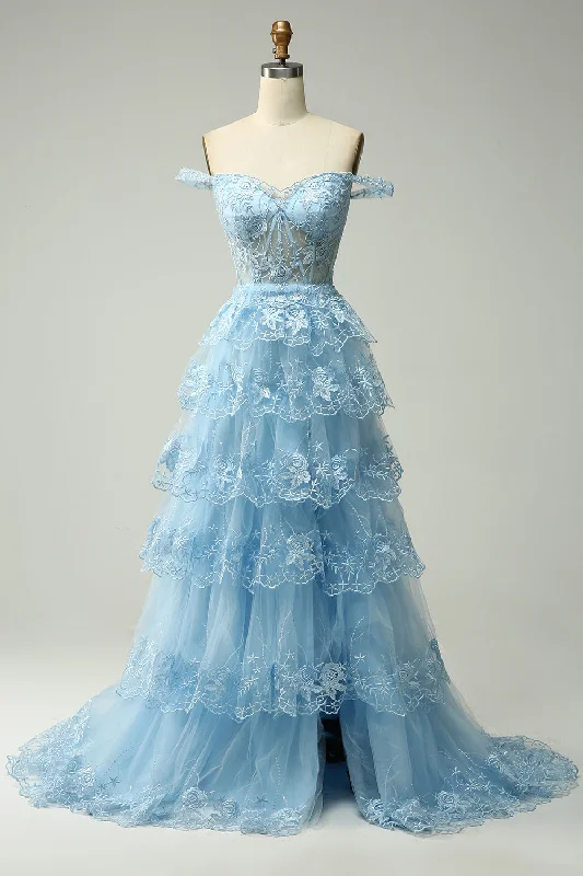 Mini cocktail dresses with a pleated bodice and a spaghetti - strap backPrincess A Line Off the Shoulder Blue Long Prom Dress with Appliques