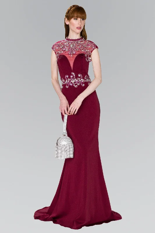 Wedding guest dresses with high - low hems and floral appliquesProm Long Cap Sleeve Open Back Formal Gown