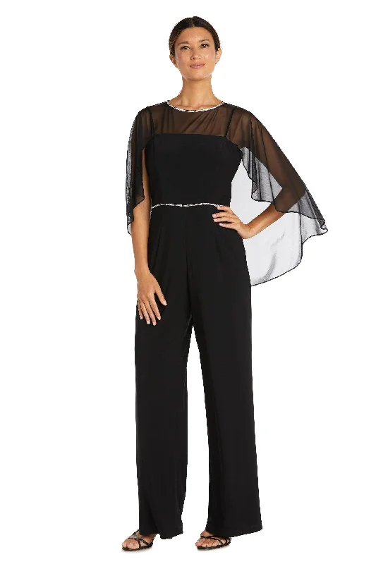 Midi wedding guest dresses in navy blue for a formal affairR&M Richards 2504P Formal Capelet Jumpsuit