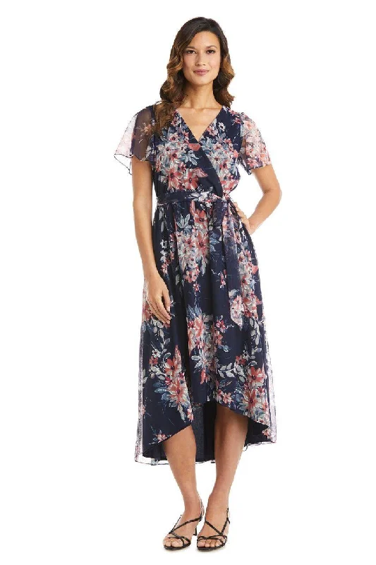 Wedding guest dresses with belted waists and knee - length skirtsR&M Richards 7790 High Low Print Dress