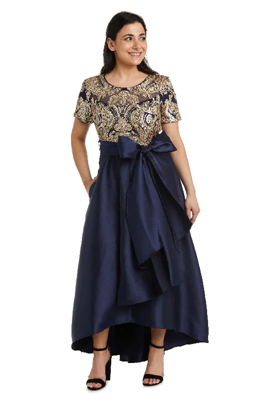 Cotton wedding guest dresses with smocked details for a casual weddingR&M Richards 5492P High Low Sequins Petite Dress