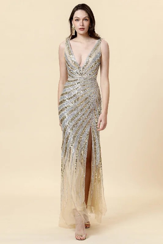 One - shoulder cocktail dresses in emerald green for a bold statementSheath Deep V Neck Golden Beaded Evening Wear with Silt