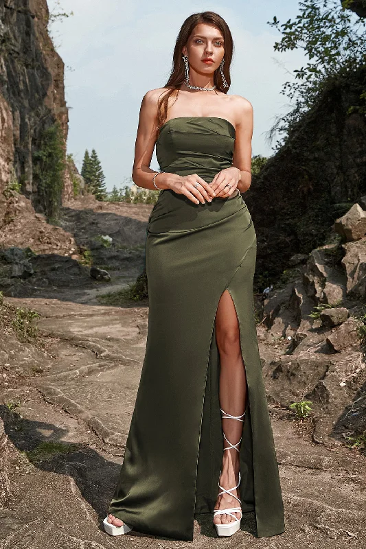 Geometric - printed cocktail dresses with a long - sleeve optionSheath Strapless Olive Long Prom Dress with Split Front