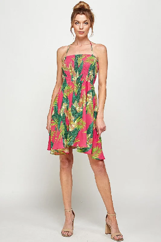 Cocktail dresses with a fringe detail and a sleeveless designShort Halter Neck Tropical Print Dress