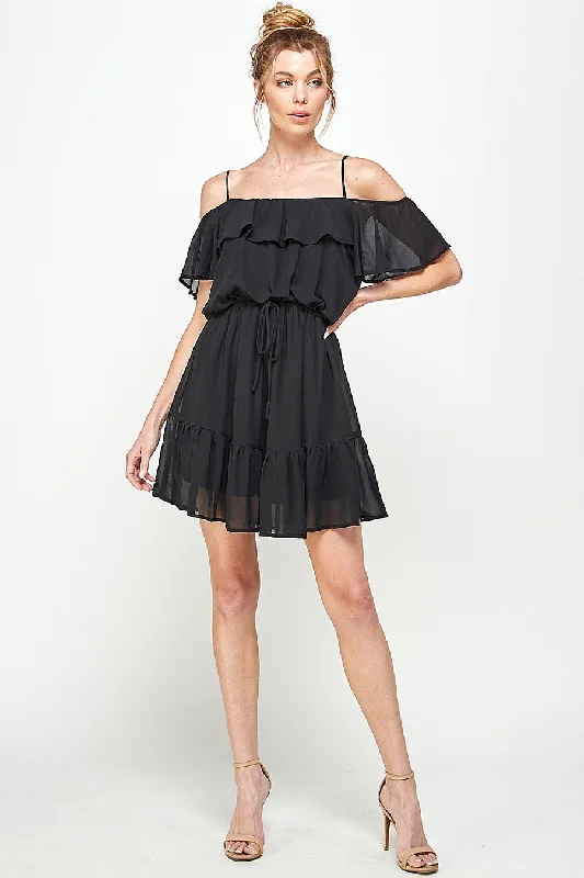 Satin cocktail dresses with a high - low hem for a modern touchShort Off Shoulder Ruffled Dress