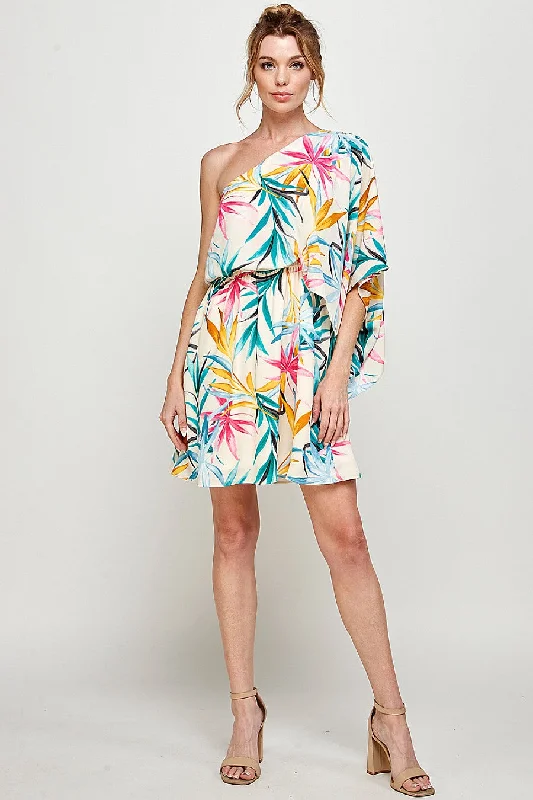 Plaid cocktail dresses with a flared skirt for a classic feelShort One Shoulder Tropical Print Dress