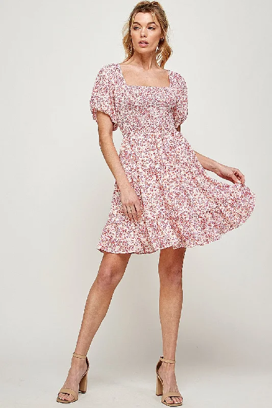 Cocktail dresses with a tiered skirt and a bow at the waistShort Puff Sleeve Printed Mini Dress