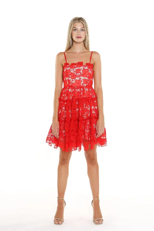 Mini cocktail dresses with a cold - shoulder ruffled sleeveShort Spaghetti Strap Lace Dress