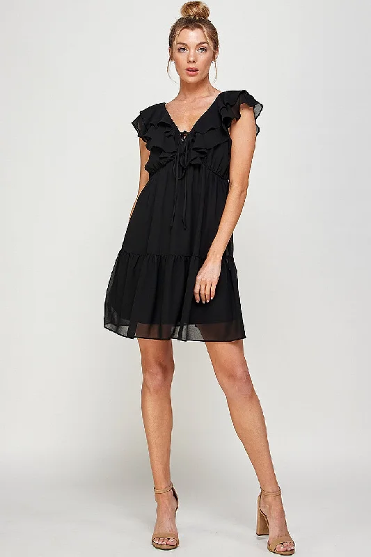 Cocktail dresses with a cut - out detail and a body - con fitShort V Neck Ruffled Mini Dress