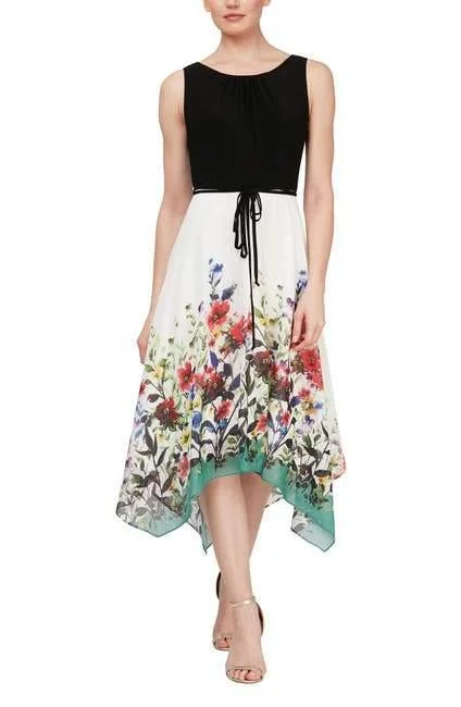 Wedding guest dresses with belted waists and knee - length skirtsSL Fashions 9177399 Floral Midi Formal Dress