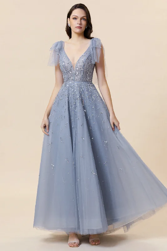 Cocktail dresses with a metallic - embroidered pattern and a midi - hemSparkly Beaded Blue Long Tulle Prom Dress