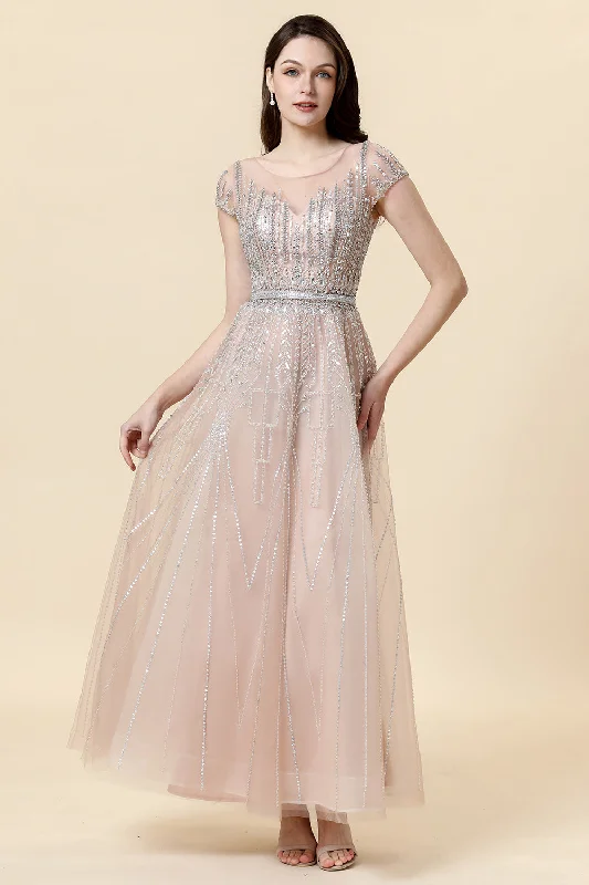 Cocktail dresses with a pleated skirt and a square necklineSparkly Blush Beaded A-Line Tulle Formal Dress