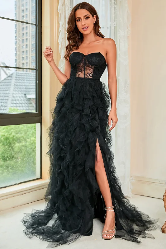 Long - cocktail dresses with a slit and a fitted bodiceStrapless Black Corset Prom Dress with Slit