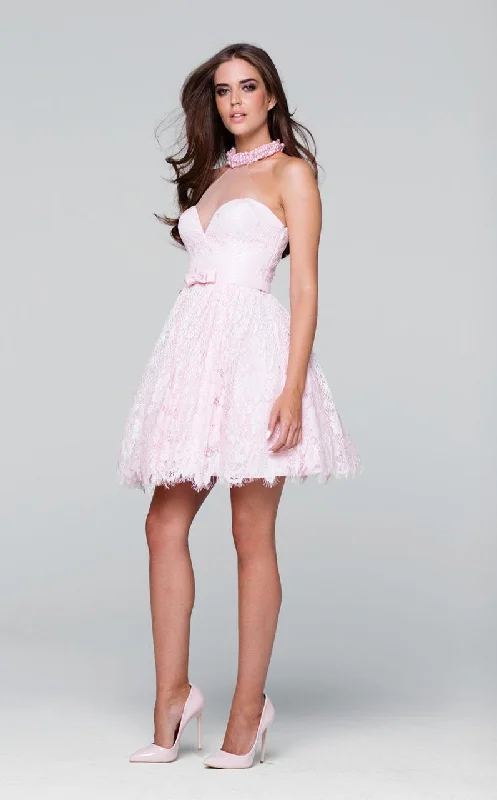 Cocktail dresses with a tiered skirt and a bow at the waistTarik Ediz - Lace Illusion Halter Neck Dress 50082