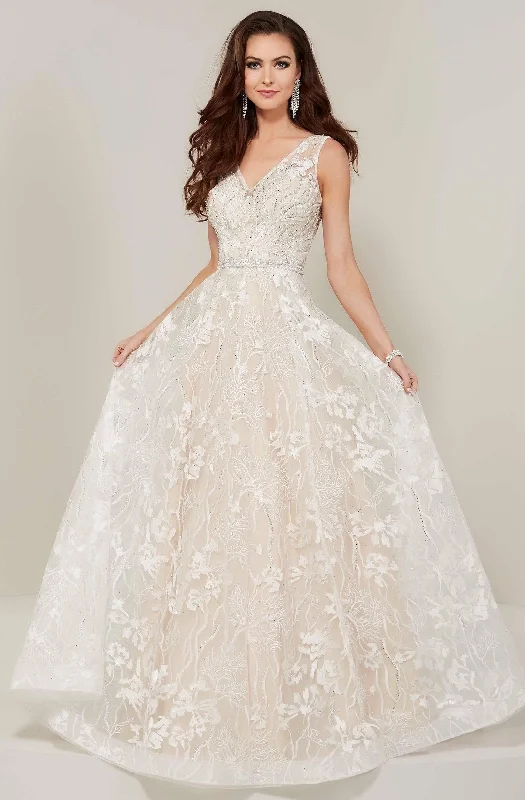 Formal dresses with one - shoulder ruffled straps and sequined bodices for a trendy and eye - catching lookTiffany Designs - 16346 Floral Embroidered V-neck A-line Dress