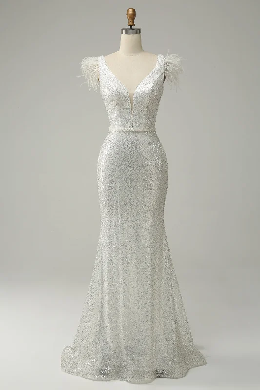 Ribbed - texture cocktail dresses with a cap - sleeve designWhite Sequins V Neck Mermaid Long Prom Dress With Feathers