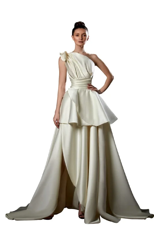 Prom dresses with one - shoulder designs and feather accents for a bold statementZiad Germanos ZG90