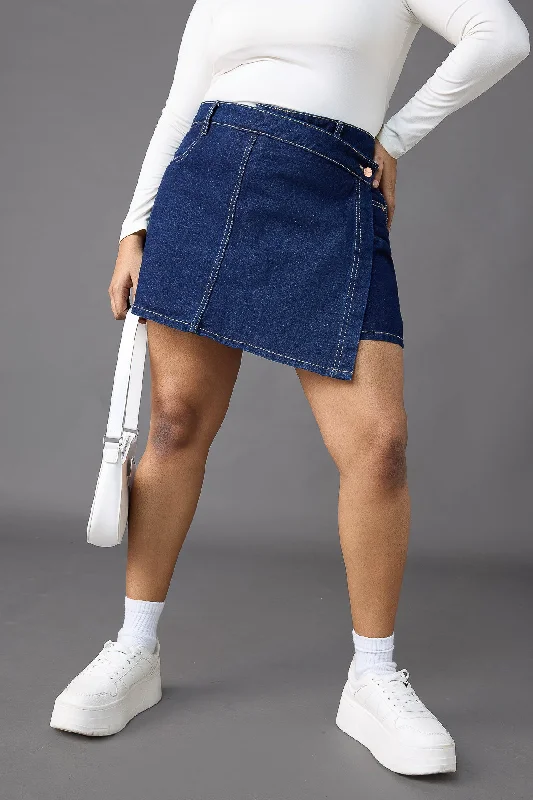 Stretchable Women Shorts for Maximum MobilityAsymmetrical Raw Curve Denim Skort