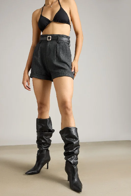 Denim Women Shorts with Distressed Details for a Casual VibeCharcoal Belted Shorts