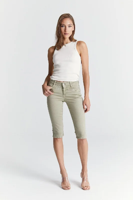 Cuffed Women Shorts for a Laid - Back and Trendy LookKaren Mid Waist 5 Pocket Capri Light Khaki