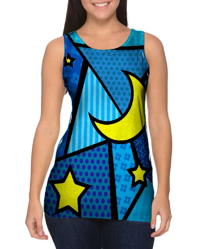 Plus Size Women's Side - Slit Tank Tops in Metallic ShadesMoon and Stars on Blue