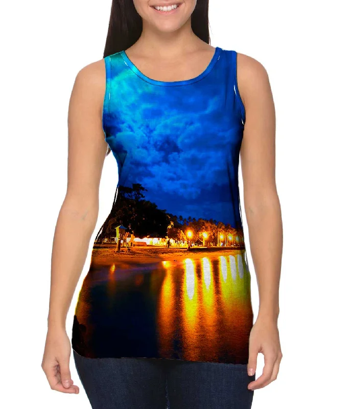 Plus Size Women's Ruffled Hem Tank Tops with Floral PrintsMoonlit Beach