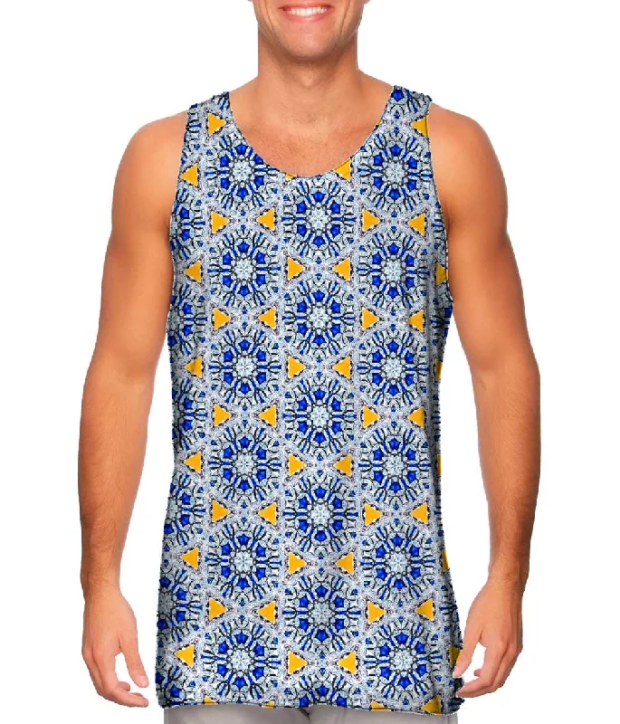 Plus Size Women's Embroidered Tank Tops in Boho StylesMosaic Blue Triangles Pattern