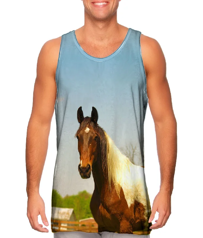 Plus Size Women's Embroidered Tank Tops in Boho StylesMountainous Brown White Horse