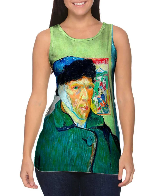 Women's Longline Tank Tops with Abstract PrintsMoustache Hipster Vincent Van Gogh Self Portrait With Bandaged Ear